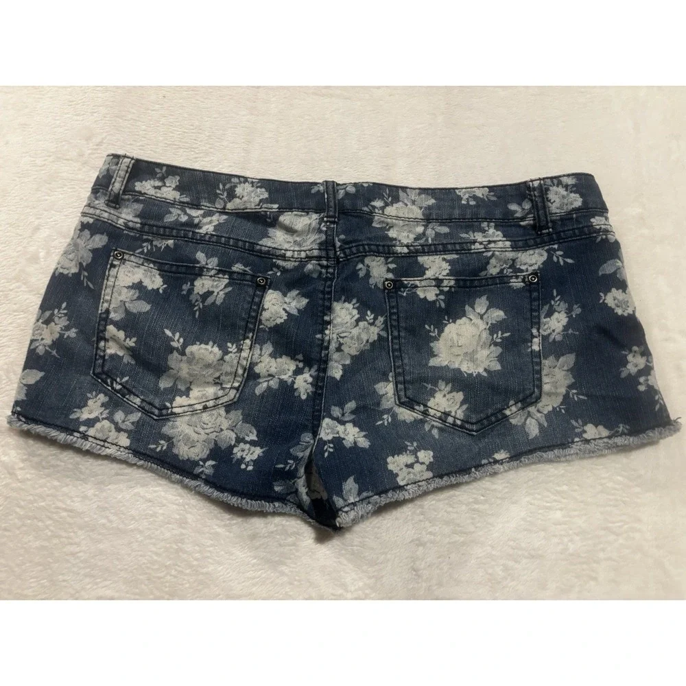 Mudd Shorts Womens 15 Floral Flowers Low Rise Denim Cut Off Boho Frayed Blue‎
